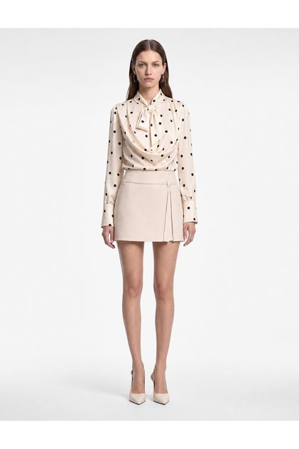 Women Beige Polka Dot Tie-Up Neck Long Sleeves Top