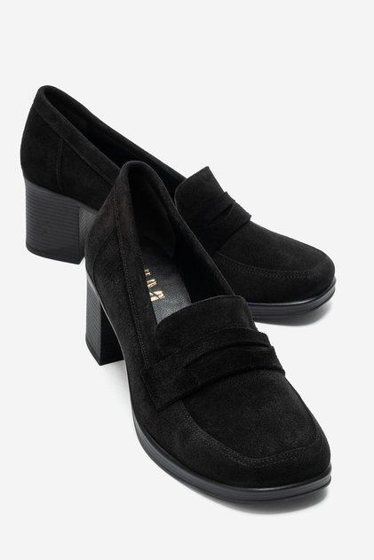Kellys Black Suede Genuine Leather Women's Heeled Loafer Shoes