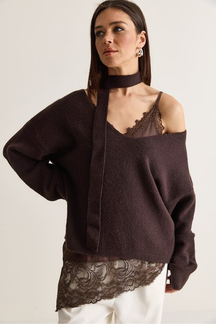 Women's Bitter Coffee Oversized Knit Sweater, Satin Lace Blouse, and Scarf Set 2861 60286653.