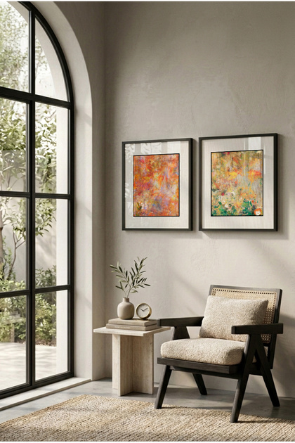 2 Pcs Black Wood Framed Red Autumn Leaves and Garden Square Wooden Painting with Pvc Mats - Home, Business, and Office Decoration Painting