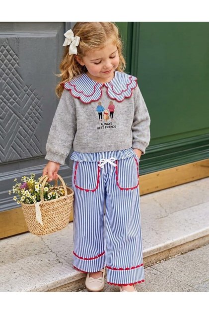 Girls' New Season Stylish Embroidered Sweater and Pants Set 2-8 Years