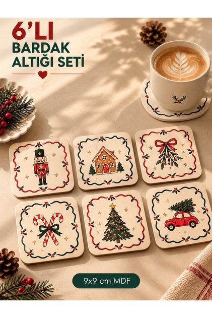 Set of 6 New Year's Themed Mdf Coasters 9X9 cm Decorative Coasters