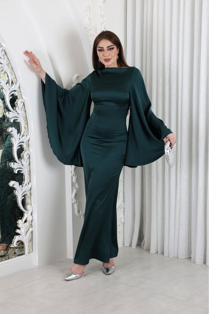 Long Satin Dress with Cloche Sleeves