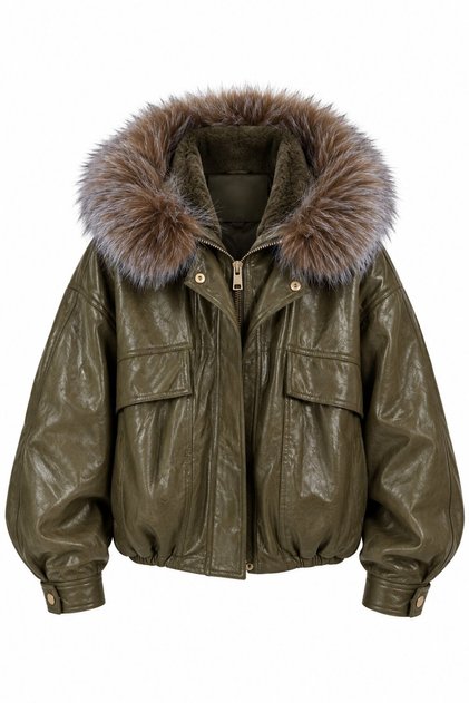 Khaki Leather Jacket with Premium Fur Detail on the Collar - 631