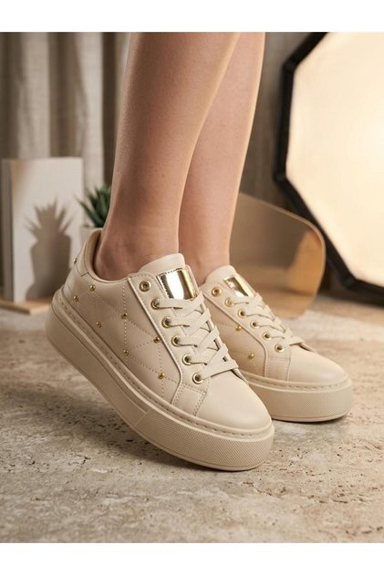 Women's Beige Quilted Detailed Gold Studded Embroidered Thick Sole Lace-Up Casual Sports Shoes