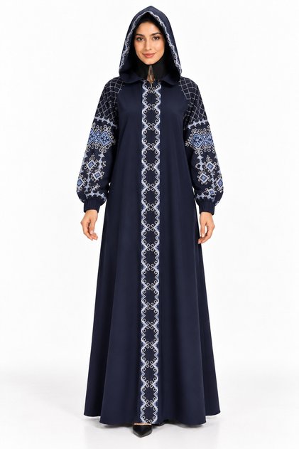 Abaya with Hat and Geometric Embroidery | Hooded Geometric Embroidered Abaya
