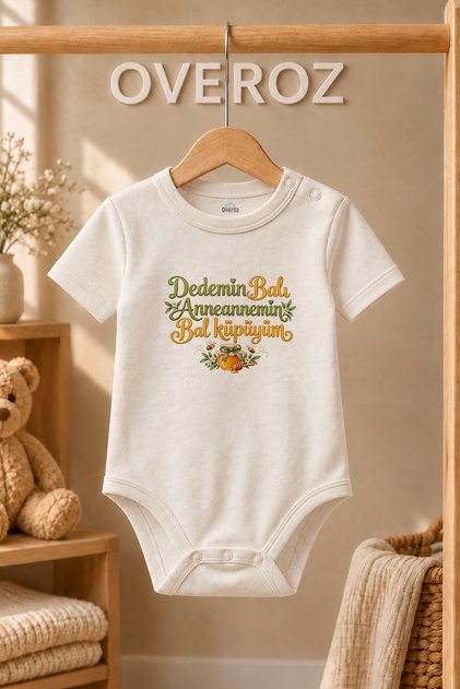 Grandmother Grandfather Written Baby Bodysuit Honey Cube Printed Ecru Short Sleeve Body 6115