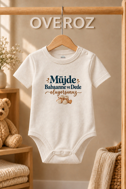Grandmother Grandfather Written Baby Bodysuit Good News Printed Ecru Short Sleeve Bodysuit 6110