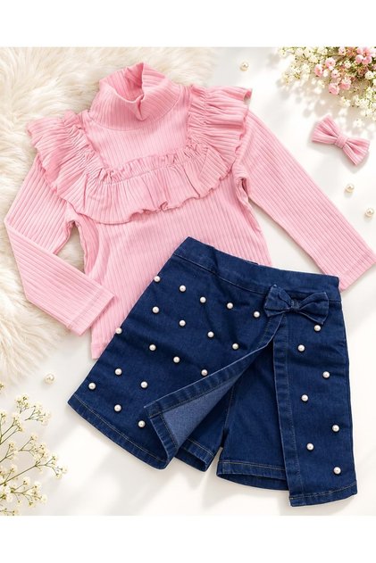 Pink Pearl Denim Skirt Top and Bottom Set - Pink - 4-5 Years - St00285-Pink-4-5 Years