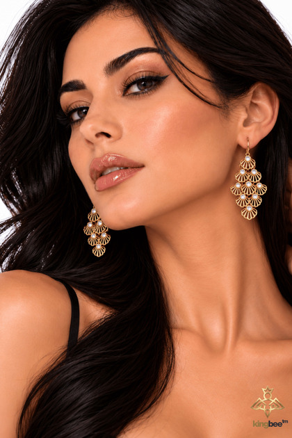 Moderna Series Gold Color Oyster Shell Motif Stone Dangle Earrings for Women – Multi-Layered Showy Evening Dress and Event Earrings