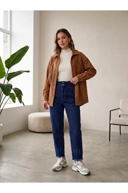 Kadın Beli Lastikli Paçası Püsküllü Mom Jean Kot Pantolon