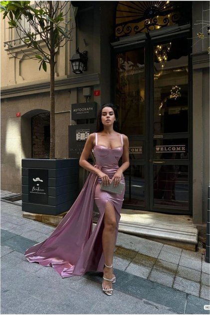 Satin Evening Gown with Collar and Slit, Maxi Length · Color: Purple · Size: M BX