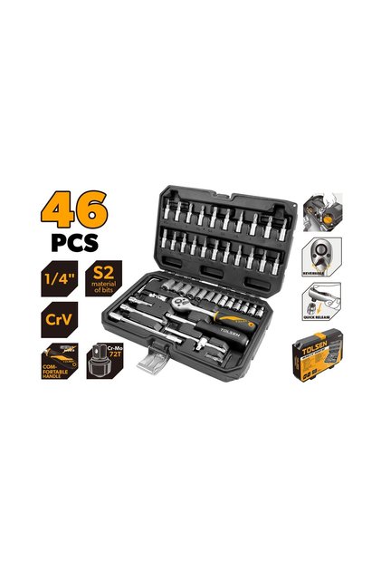 46-Piece 1/4 Inch Drive Socket Set CR-V Chrome Vanadium, Metric Sockets with Ratchet Handle Extension Bar in Blow Mold Case, for Automotive Repair Household DIY Mechanical Work