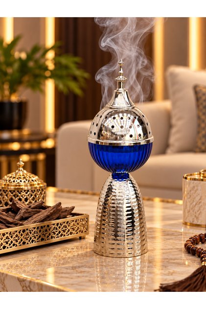 Matte Silver Steel Incense Burner Blue Glass 30 cm Height