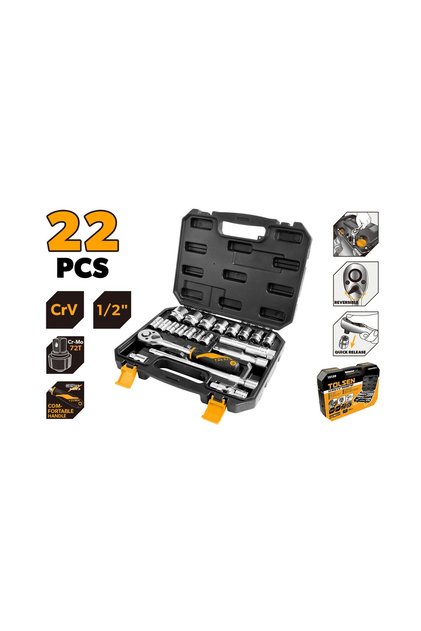 22-Piece 1/2 Inch Drive Socket Set CR-V Chrome Vanadium, Metric Sockets with Reversible Ratchet Handle Extension Bar in Blow Mold Case, for Automotive Heavy Duty Mechanical Repair
