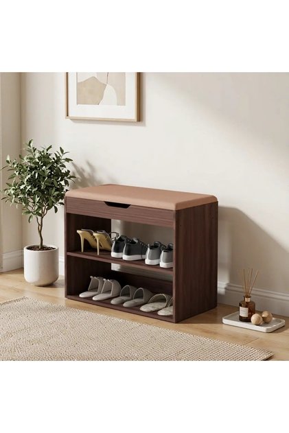 Shoe Storage Bench with Cushioned Seat, 3-Tier Entryway Shoe Rack Bench with Drawer, Wooden Shoe Organizer for Hallway, Living Room, Bedroom, Holds up to 8 Pairs, Walnut
