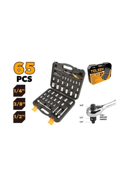 65-Piece Socket Set Metric and Inch Sizes CR-V Chrome Vanadium, Combined SAE and Metric Sockets with Ratchet Handle Extension Bars in Blow Mold Case, for Universal Automotive Repair
