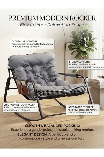 Modern Metal Rocking Chair with Thick Cushion, Pockets & Houndstooth Trim - Comfortable Accent Armchair for Living Room, Bedroom & Nursery (Beige / Orange / Grey)