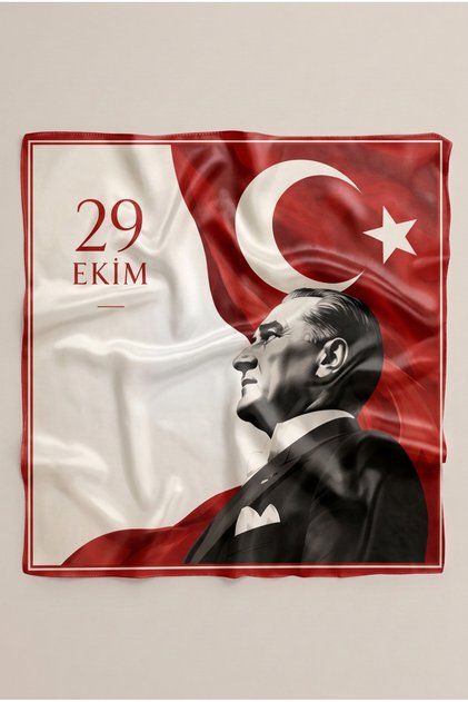 Red and White Ataturk Portrait and Turkish Flag Patterned 29 October Scarf 50X50 cm Tr007
