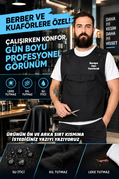 Atak Yelek Çalışma Yeleği İş Önlüğü Kuaför Önlüğü Berber Önlüğü Sİyah Renk Kişiye Özel Logolu Baskı