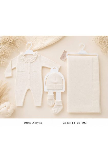 Newborn Baby 5 Piece Soft Knitted Set (Romper, Blanket, Hat, Mittens, Socks) - Off White Ruffle