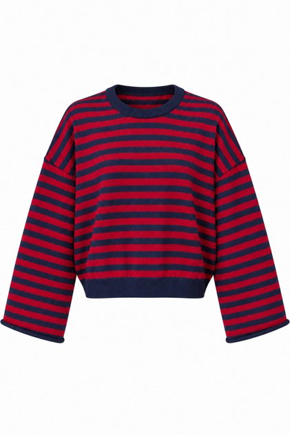7087 Women's Striped Crew Neck Wide Sleeve Crop Knit Sweater Navy Blue - Claret Red