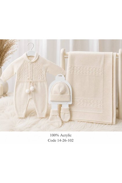 Newborn Baby 5 Piece Delicate Knitted Clothing Set (Romper, Blanket, Hat, Mittens, Socks)- Beige with Pompom Balls
