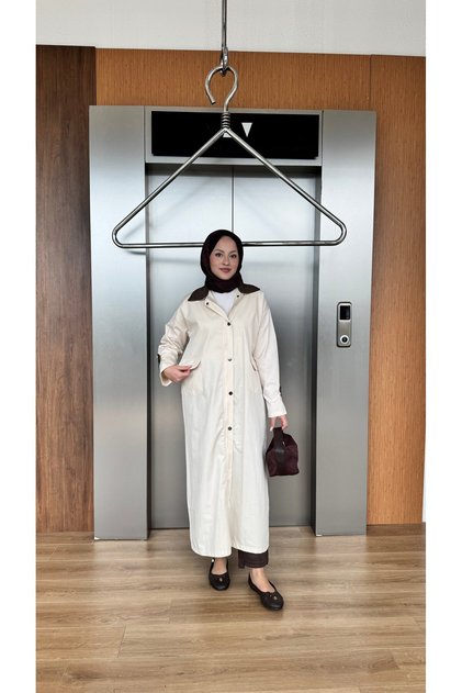 Velvet Collar Trench Coat - Stone