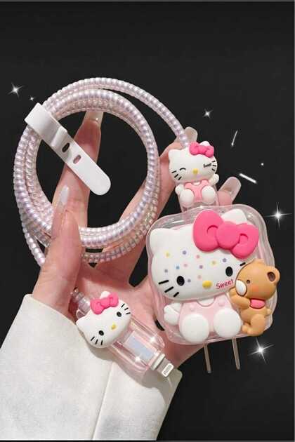 iPhone 18W/20W/25W Uyumlu Hello Kitty Şarj Aleti Koruyucu Şarj Kablosu Örme Aparatlı Koruyucu ve Toparlayıcı