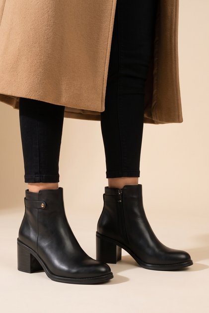 Women's Genuine Leather Heeled Ankle Boots Black Zippered Block Heel Non-Slip Sole Winter