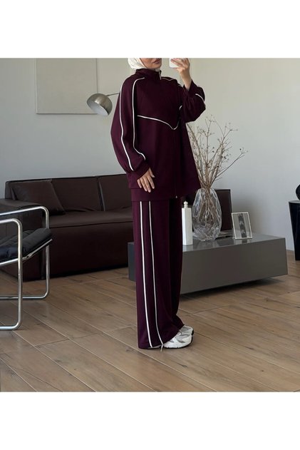 Striped Piping Detailed Trouser Suit - 62819 - Cherry Rotten