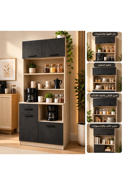 Modern Multi-Use Storage Cabinet with Open Shelves and Closed Cabinets, Coffee Corner for Organizing Drinks, Cups, Utensils, Kitchenware, Books, Accessories, Suitable for Kitchen and Living Room, Dimensions: 79.5X40X180 Cm.