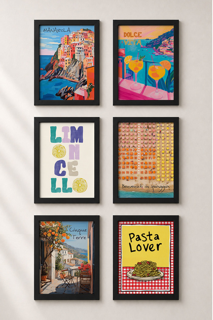 6 Piece Lemoncello and Beach Pleasure Framed Painting Set Italy Posters Wall Decor Sixmx12