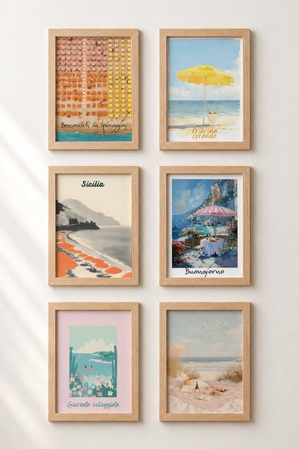 6 Piece Mediterranean Beach Umbrellas Framed Painting Set Italy Posters Wall Decor Sixit39