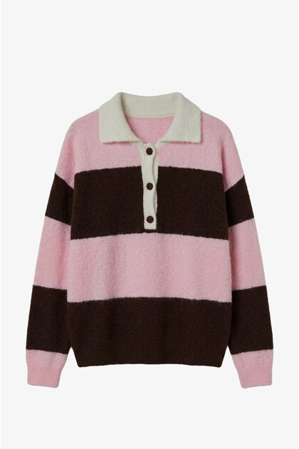 Pink Nora Striped Polo Collar Sweater