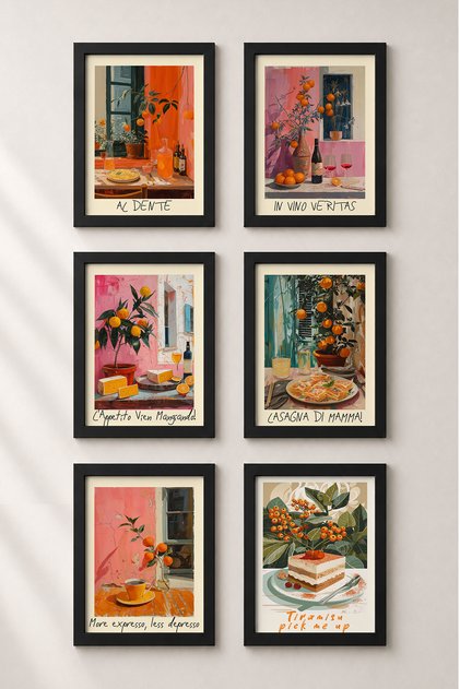 6 Piece Italian Cuisine Delicacies Framed Painting Set Italy Posters Wall Decor Sixit07