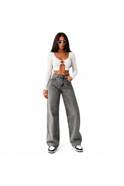 VarioShop pentru femei ® Blugi, Talie înaltă, Croială largă și relaxată, Decolorați, Buzunare față și spate, Gri, Mărimea 29