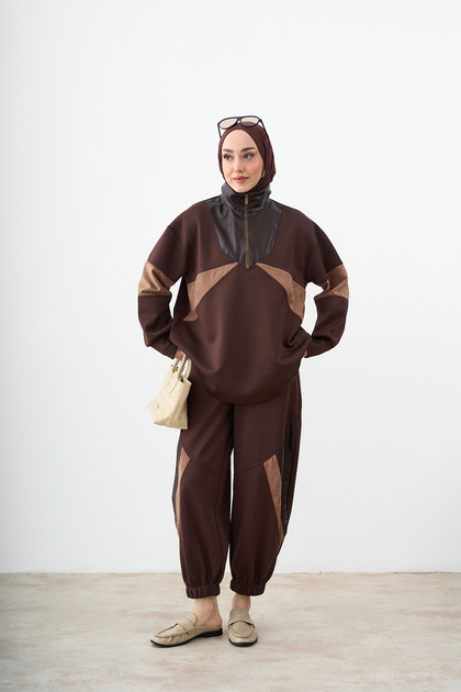 Women's Scuba Leather Detail Tracksuit Set Brown