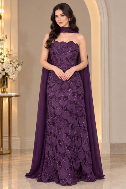 Royal Purple Embroidered Evening Gown with Layered Applique and Long Cape