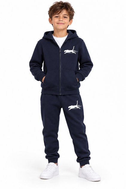 Navy Blue Zippered Children's Tracksuit Set with Runner Figure, Age 12