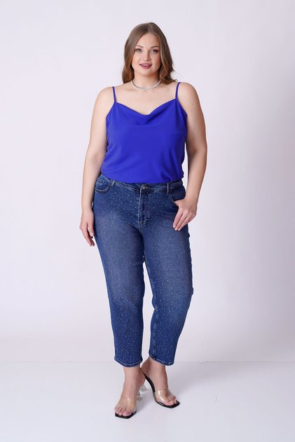Stone-Embellished High Waist Mom Fit Jeans