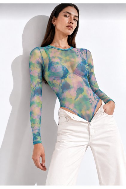 Women's Blue and Pink Cloud Pattern Elastic Tulle Fabric Long Sleeve Crew Neck Bottom Snap Fastener Bady Suit Blouse