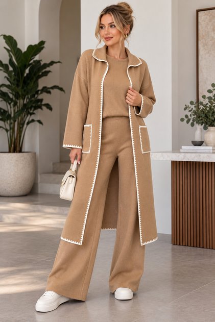 Women's Knitwear Set Long Cardigan Blouse Trousers