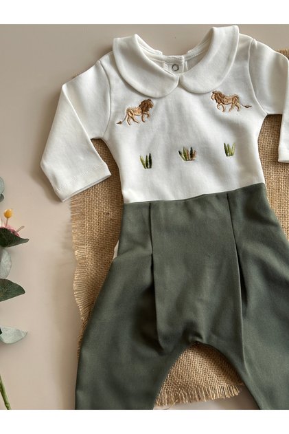 Lion Embroidered Snap Fastener Long Sleeve Bodysuit and Khaki Trousers Baby Boy Set