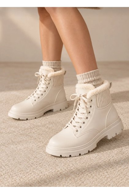 Women's Beige Fur Lined Lace-Up Thick Soled Winter Boots