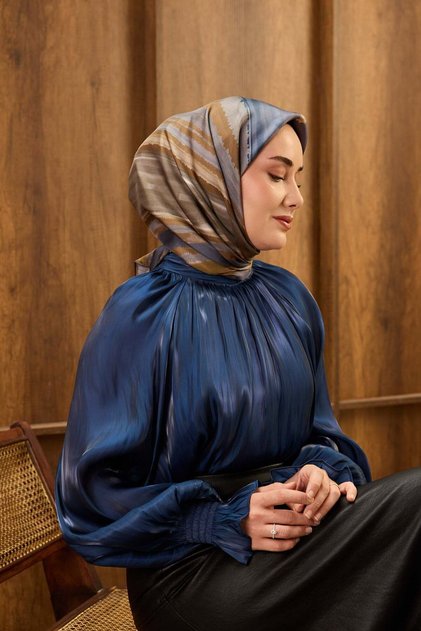 Twill İpek Eşarp Terra Waves Koyu Mavi