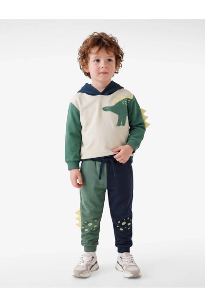 Dinosaur Printed Hooded Ecru Baby Boy Sweatshirt 7Wmb10012Tk