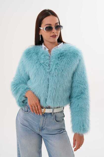 Crop Collarless Fur Jacket