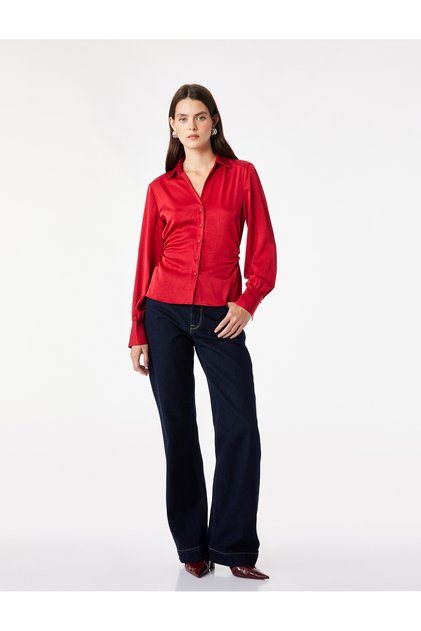 Slim Fit Long Sleeve Gathered Collar Satin Shirt