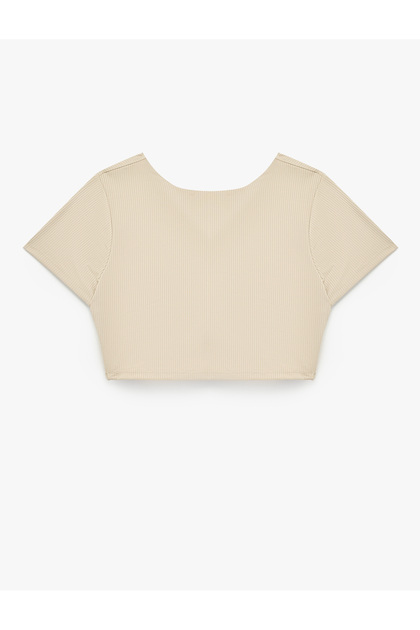 Ribbed Crop Sports T-Shirt with Removable Pads and Low Back Cutout